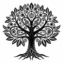 Intricate Black Tree Illustration with Ornate Leaves, Circular Patterns, and Stylized Root System Design