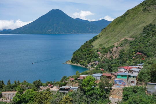 Santa Cruz la Laguna, Guatemala - July 21, 2025: View of Lake Atitlan from Santa Cruz la Laguna in the department of Solola, Guatemala.