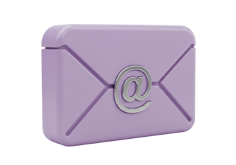 Lavender email envelope with at sign isolated on transparent background, 3D rendering for communication and digital marketing