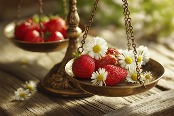 Balance Scale with Strawberries with Daisies