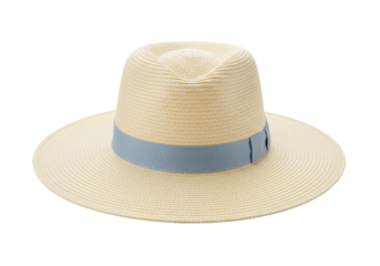 Elegant straw fedora hat with blue ribbon isolated on white, stylish summer headwear for sun protection and fashion accessory