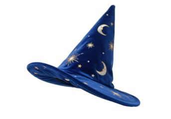 Blue velvet wizard hat with gold stars and moon isolated PNG, magical costume for Halloween and cosplay on transparent background