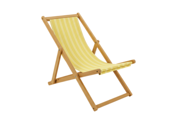 Yellow striped deck chair isolated on white, wooden beach chair for summer vacation and relaxation