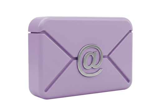 Lavender email envelope with at sign isolated on transparent background, 3D rendering for communication and digital marketing