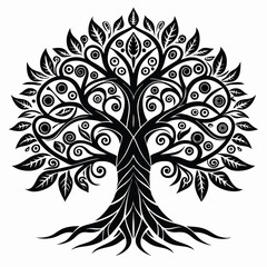 Elaborate Black and White Tree of Life Design with Swirls and Leaves