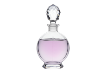 Elegant crystal perfume bottle with light purple liquid isolated, luxury fragrance container for beauty and aromatherapy on transparent background
