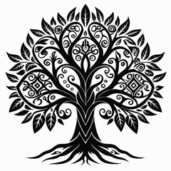 Intricate Vector Tree with Roots, Leaves, and Branch Ornamentation in Black