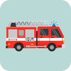 Red fire truck illustration on a light blue square background.