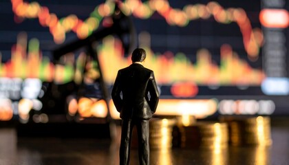 Miniature businessman facing financial data