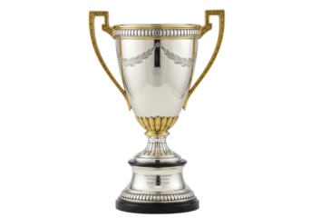 Silver trophy cup isolated on transparent background, vintage award with gold accents for sports or achievement recognition