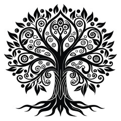Elegant Tree of Life Illustration Stylized Black Tree with Intricate Swirls and Leaves