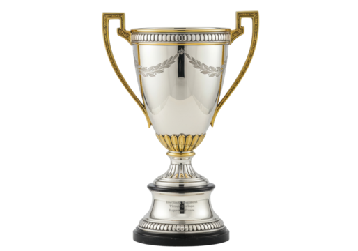 Silver trophy cup isolated on transparent background, vintage award with gold accents for sports or achievement recognition