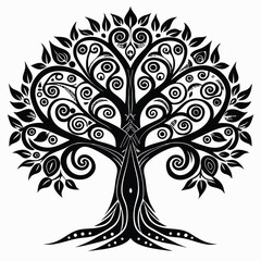 Intricate Black and White Tree of Life Drawing with Swirls and Leaves