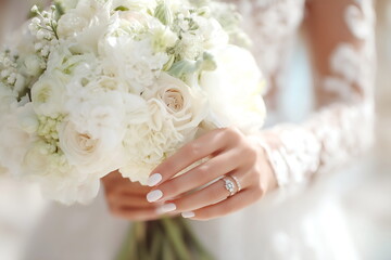 Close-up of the bride's hand with a ring and a bouquet. 