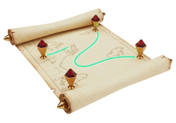 Old map scroll with red gems and green path isolated PNG, fantasy treasure map for game design and adventure concepts
