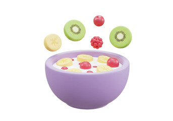 Bowl of cereal with fruit PNG isolated, healthy breakfast with banana kiwi and berries for food design on transparent background