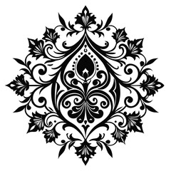 Intricate Floral Damask Pattern Black Ornament with Leaves, Scrolls, and Elegant Flourishes Design