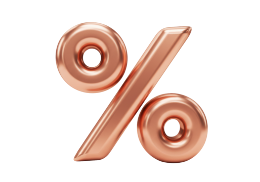 Shiny copper percentage sign isolated on transparent background, 3D render of a mathematical symbol in metallic bronze color PNG
