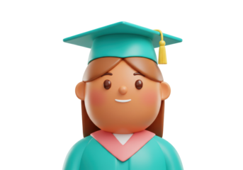 3D rendering of a graduate girl with cap and gown isolated PNG, graduation celebration and academic achievement concept