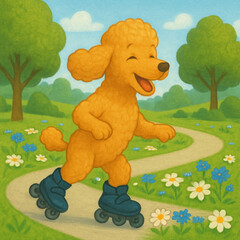 Happy Cartoon Poodle Rollerblading in a Sunny Park