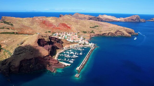Madeira island scenic places - Canical village with dramatic volcanic landscape of Cape Ponta de Sao Lourenco. Portugal tourism. 4k hd aerial drone video