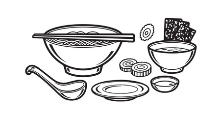 Ramen Bowl Line Art Vector Illustration