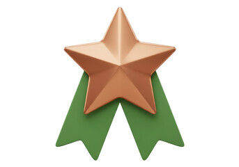 Bronze star award with green ribbon isolated PNG, achievement badge for recognition and success on transparent background