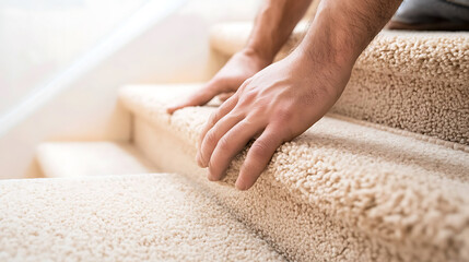 Hands check new carpet install on stairs in a bright room. Home improvement with soft texture underfoot provides safety and comfort for family and guests.