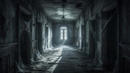 Fototapeta premium Creepy Abandoned Asylum Corridor with Sunlight and Shadows.