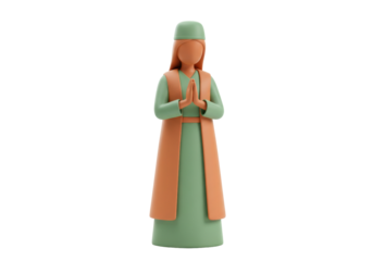 3D rendering of a woman in traditional Islamic dress isolated, Muslim culture figure in green and brown PNG