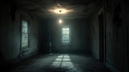 Creepy Abandoned Room with Light Rays Through Windows.