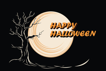 Halloween illustration featuring a big full moon, a creepy bare tree, and Happy Halloween typography in orange