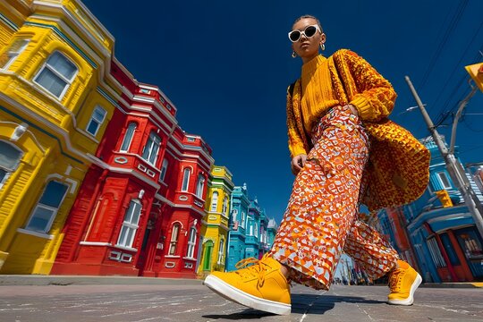 Fashion model in colorful street with yellow sneakers - Powered by Adobe