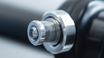 Obraz premium Macro shot of a precision-engineered metal fastener with clean threads, emphasizing detail and quality construction. Ideal for technical or industrial applications.