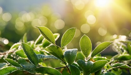 Fresh Green Leaves Covered In Morning Dew Bathed In Sunlight