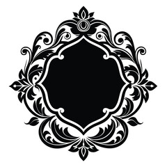 Ornate Black Floral Frame Graphic Element with Central Dark Shield Shape for Design