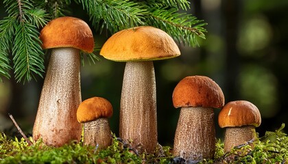 Four Orange Birch Bolete Mushrooms Under Spruce