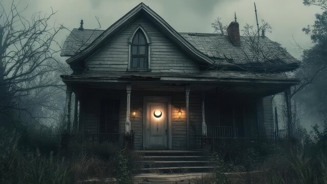 Haunted Old House in Foggy Woods.