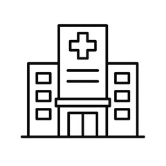 Simple line art icon of a modern hospital building with a medical cross
