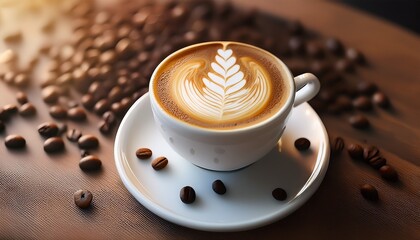 Latte Art Coffee In A White Mug On A Saucer With Coffee Beans Blurred Background