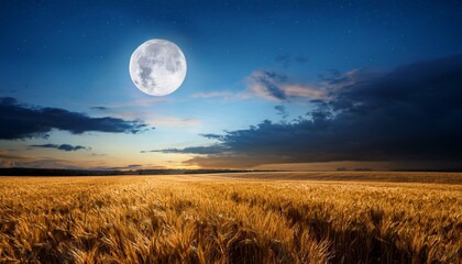 Wheat Field Under Evening Sky With Rising Moon