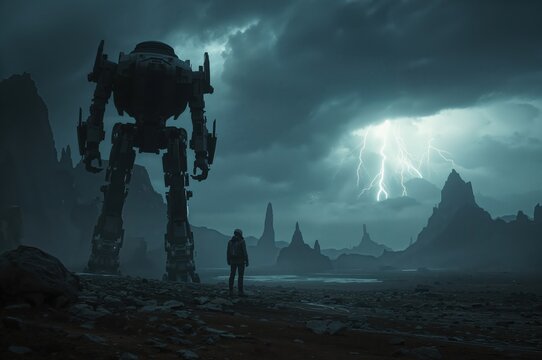 Towering robot stands beside human under crackling alien skies on strange distant planet