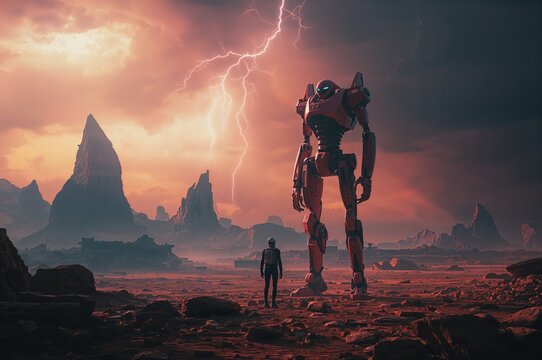 Towering robot stands beside human under crackling alien skies on strange distant planet