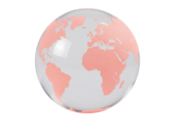 Clear glass globe with pink continents isolated on transparent background, world map sphere for decoration and educational use