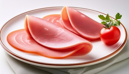 Two Slices Of Ham And Tomato On A White Plate