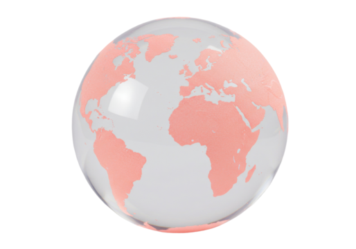 Clear glass globe with pink continents isolated on transparent background, world map sphere for decoration and educational use