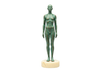 Verdigris bronze male figure isolated on white, nude sculpture with patina finish for art and historical collections