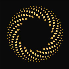 Festive golden dynamic frame made of confetti dots isolated on black background. Square realistic gold premium luxary text box. Vector EPS10	