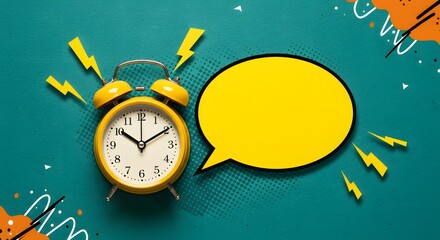 Yellow Alarm Clock with Speech Bubble on Teal Background