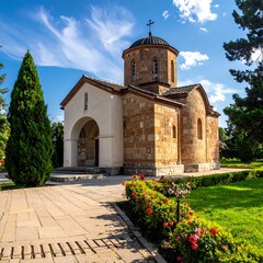 Orthodox Church in a Sunny Garden.